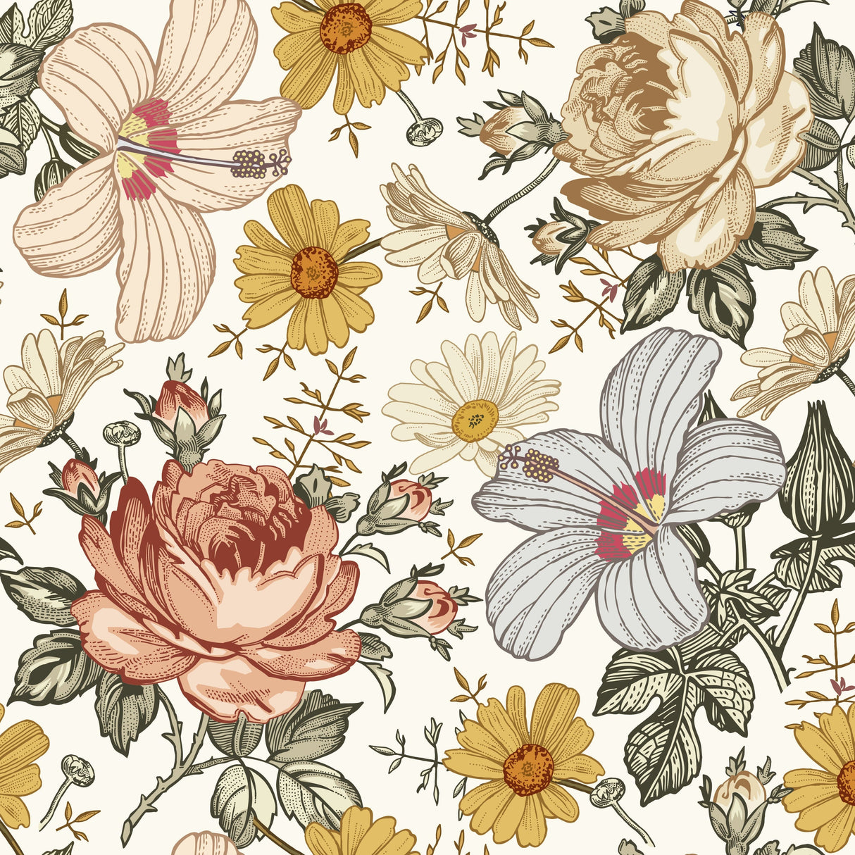 Chamomile Rose Hibiscus Flower Vintage Wallpaper