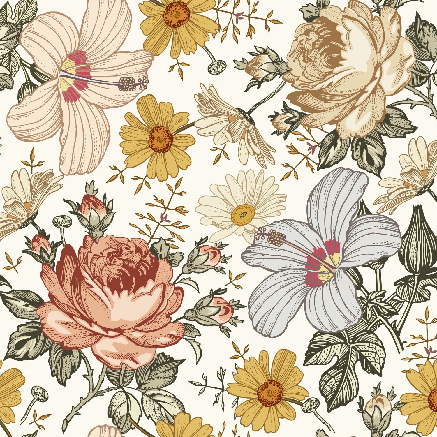 Chamomile Rose Hibiscus Flower Vintage Wallpaper
