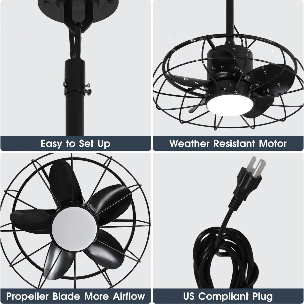 20 Inch Vistula Outdoor DC Motor Black Industrial Hanging Buckle Downrod Ceiling Fan with Light