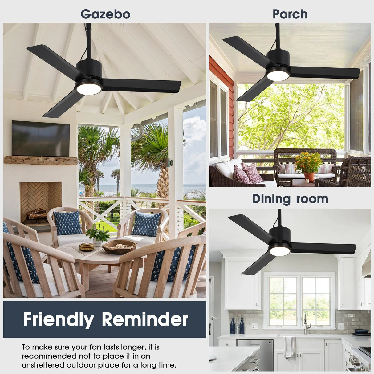 42 Inch Rhine Indoor/Wet Outdoor IP65 Black Anywhere Waterproof Ceiling Fan with LED Light and Convenient Hanging Hook