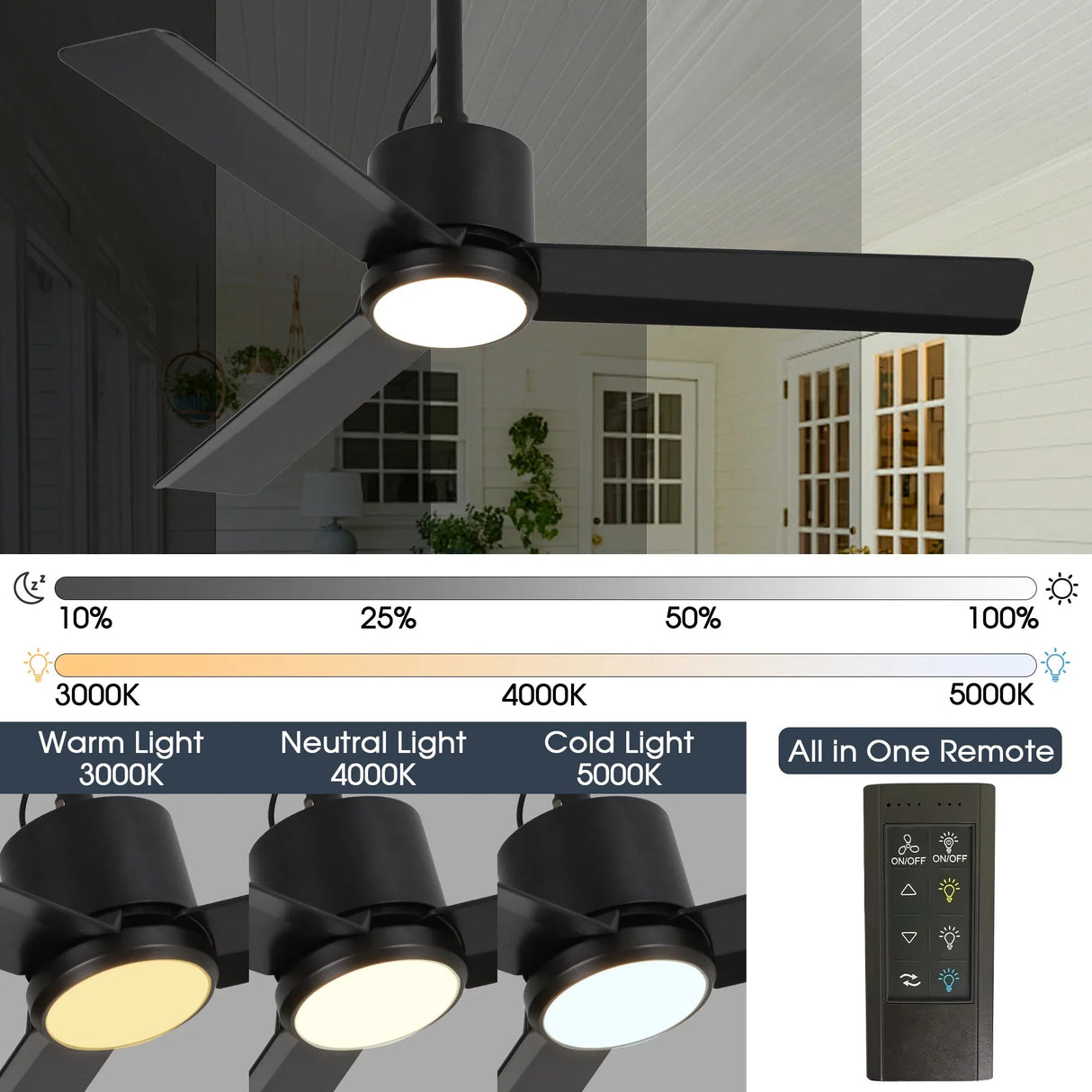 42 Inch Rhine Indoor/Wet Outdoor IP65 Black Anywhere Waterproof Ceiling Fan with LED Light and Convenient Hanging Hook