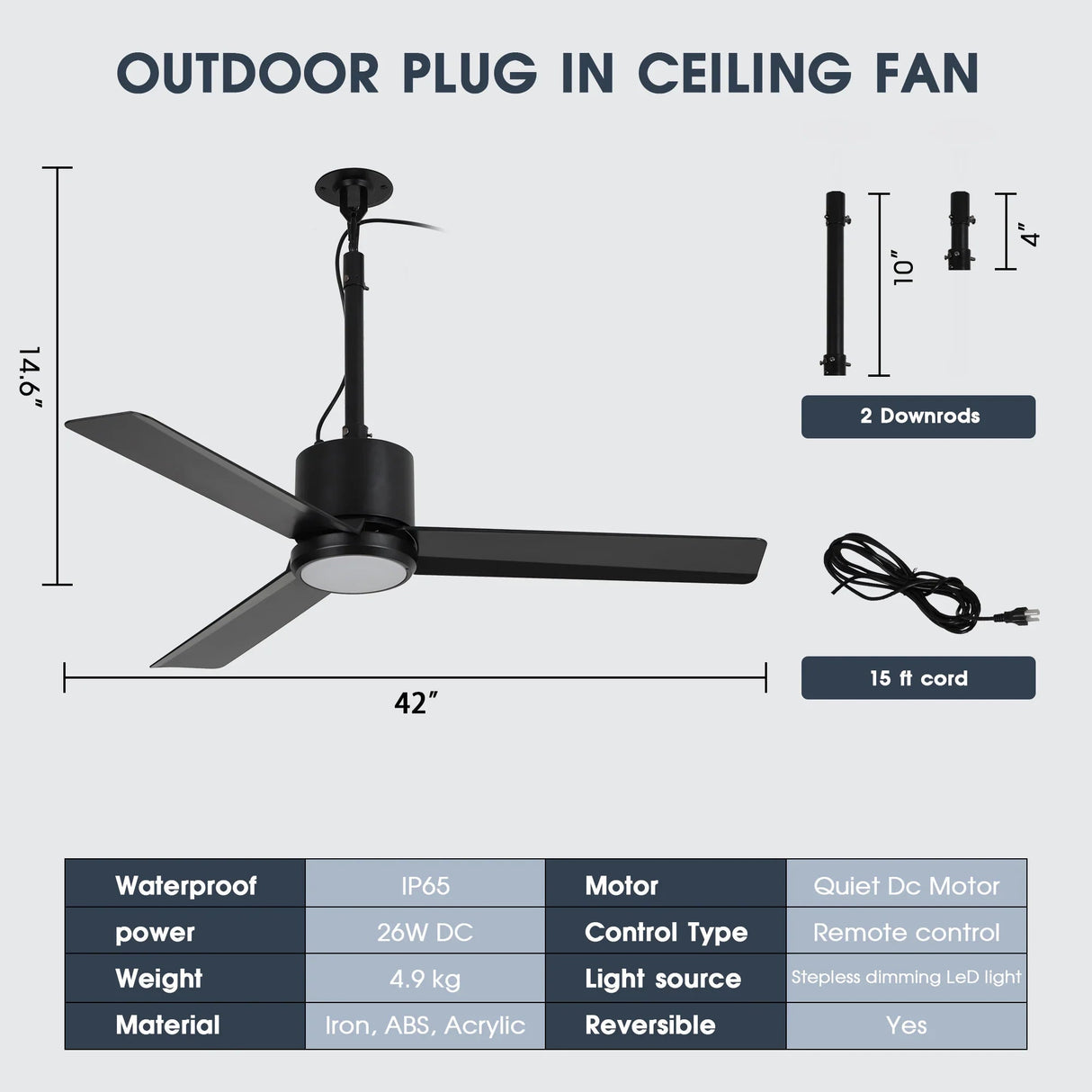 42 Inch Rhine Indoor/Wet Outdoor IP65 Black Anywhere Waterproof Ceiling Fan with LED Light and Convenient Hanging Hook