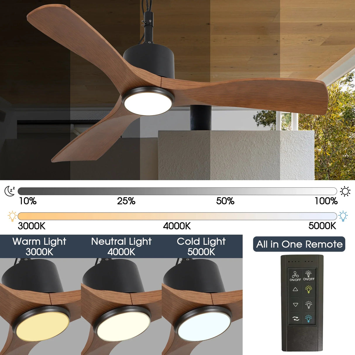 42 Inch Patio Guard IP65 Outdoor DC Motor Black Modern Hanging Buckle Downrod Ceiling Fan with Light