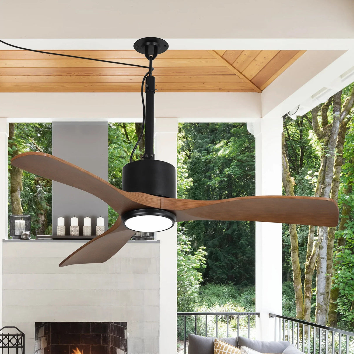 42 Inch Patio Guard IP65 Outdoor DC Motor Black Modern Hanging Buckle Downrod Ceiling Fan with Light