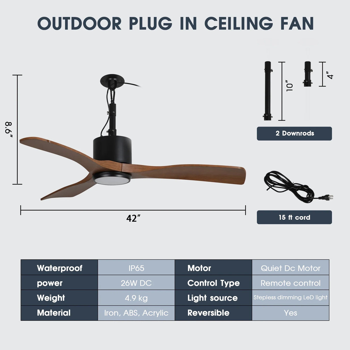 42 Inch Patio Guard IP65 Outdoor DC Motor Black Modern Hanging Buckle Downrod Ceiling Fan with Light