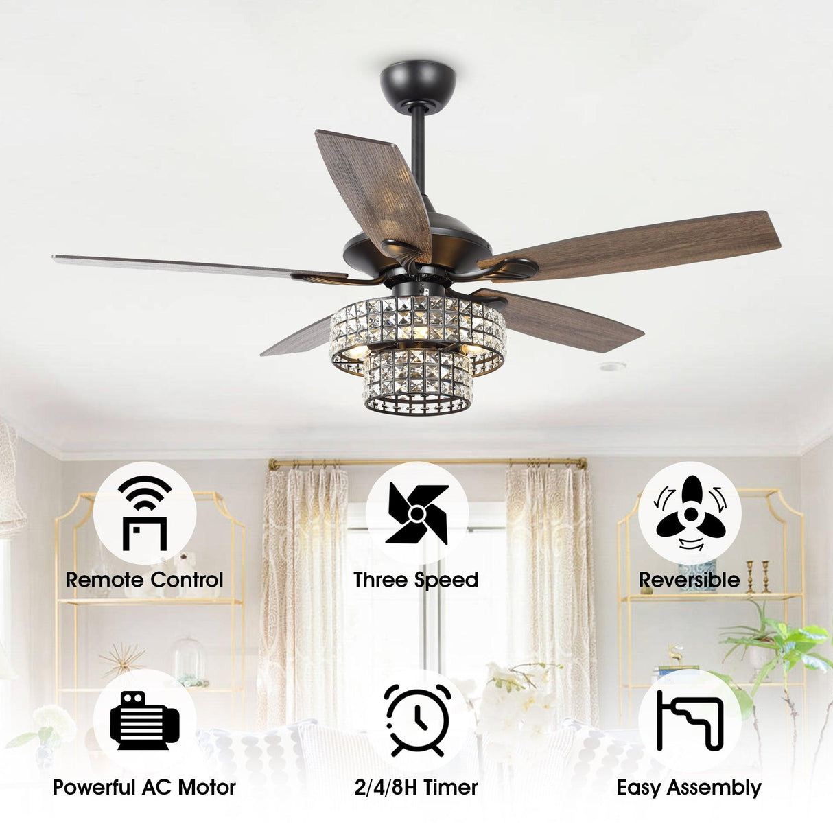 52" Nowthen Modern Crystal Chandelier Ceiling Fan With Led Light And Remote Control 5 Blades Chrome