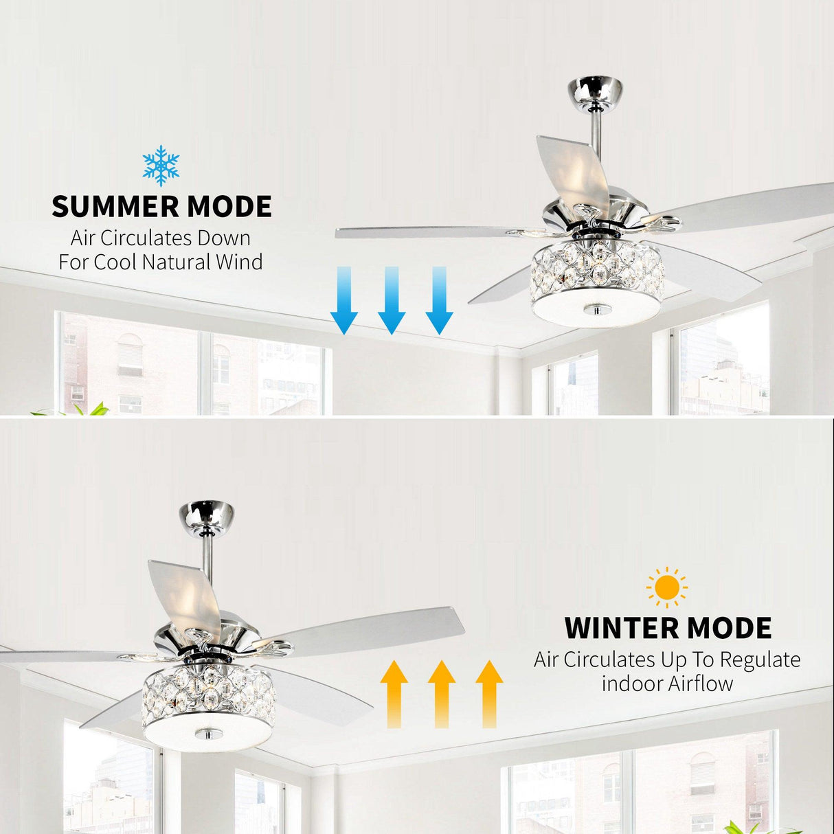 52" Tibuh Modern Crystal Chandelier Ceiling Fan With Led Light And Remote Control 5 Blades Chrome