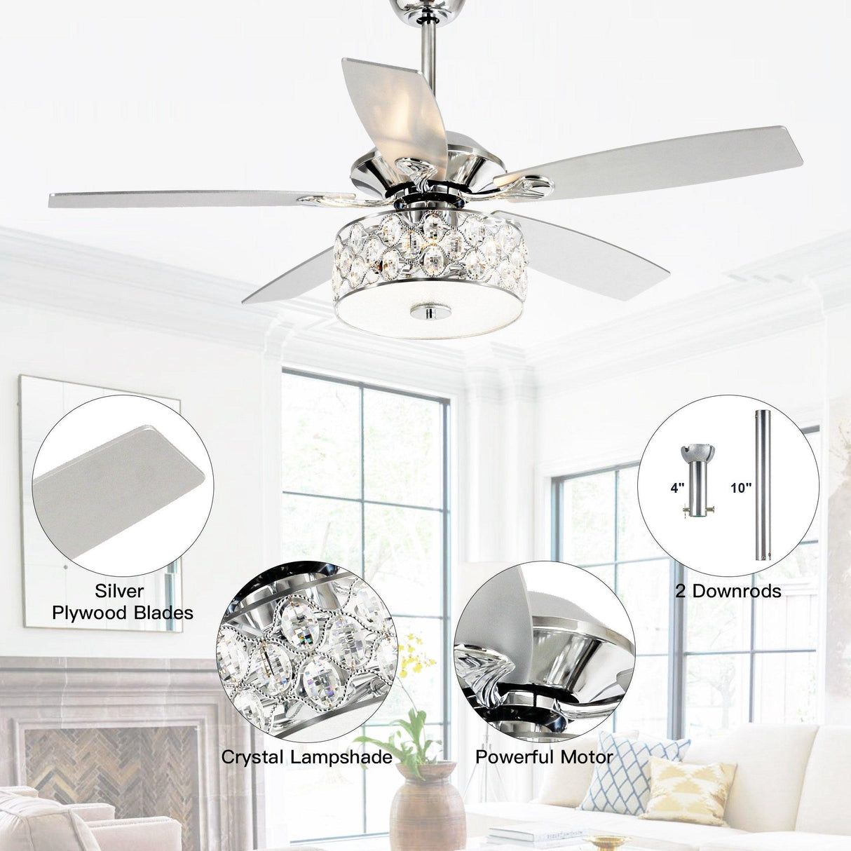 52" Tibuh Modern Crystal Chandelier Ceiling Fan With Led Light And Remote Control 5 Blades Chrome