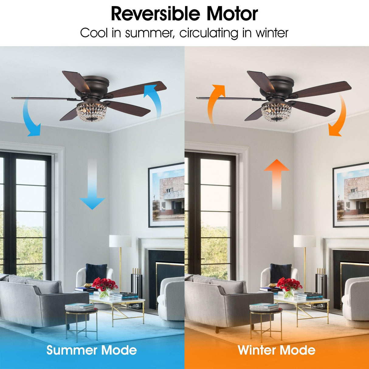 48" Modern Flush Mount Reversible Crytsal Ceiling Fan with Lighting and Remote Control