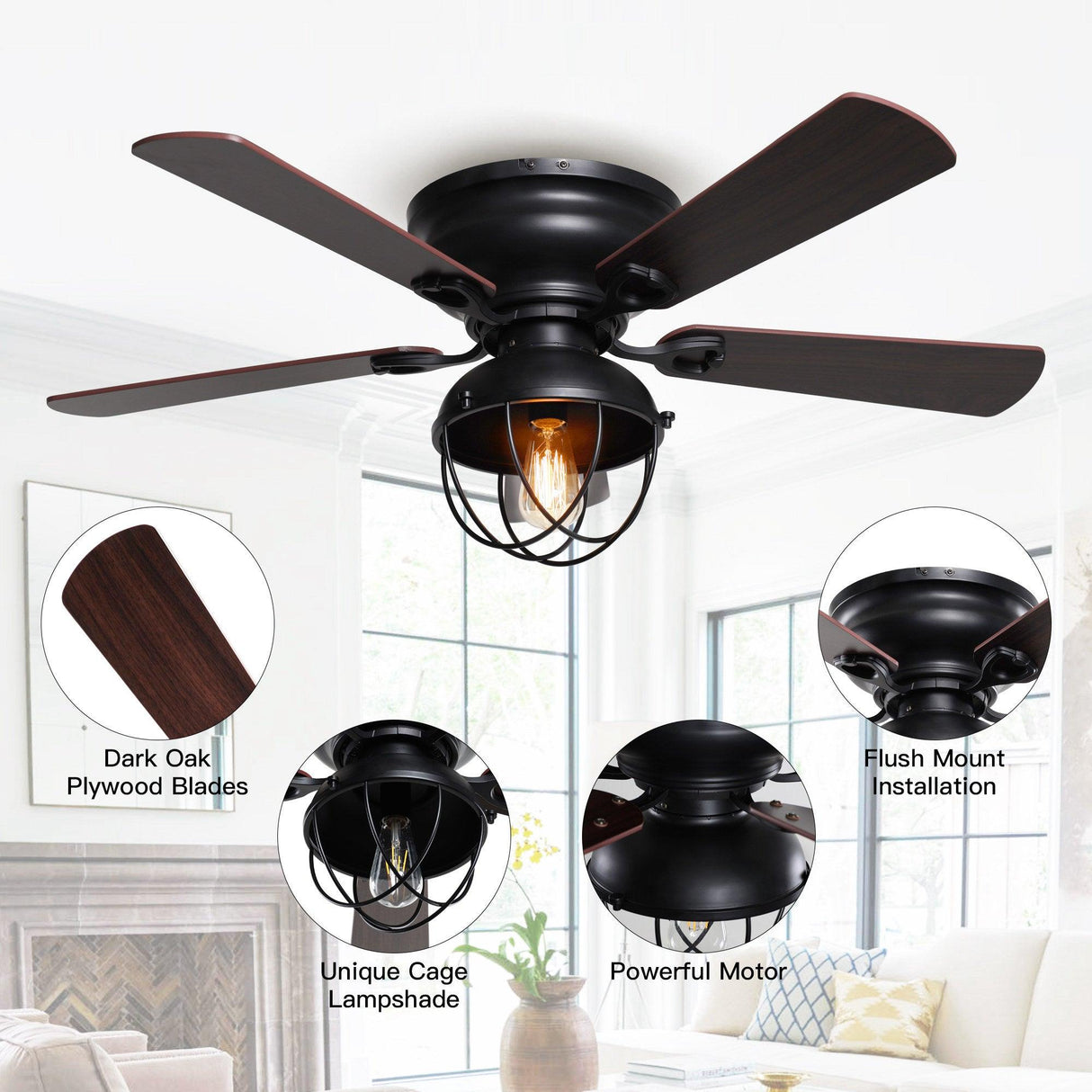 42" Traditional Flush Mount Reversible Ceiling Fan with Lighting and Remote Control