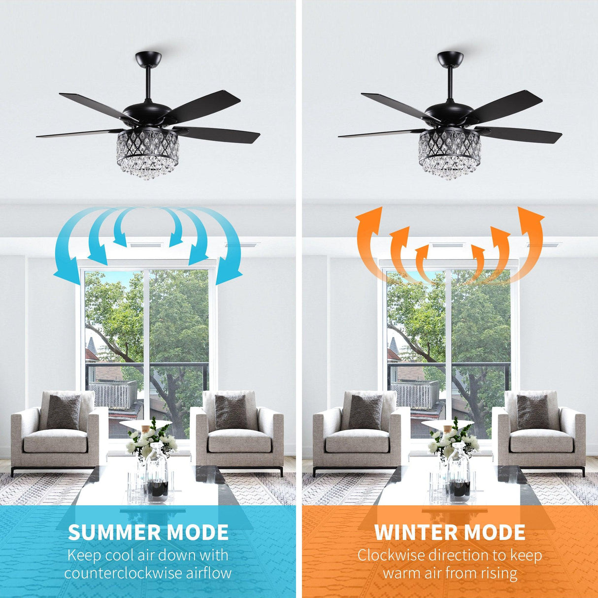 52” Wethington Modern Crystal Chandelier Ceiling Fan With Light And Remote Control Black