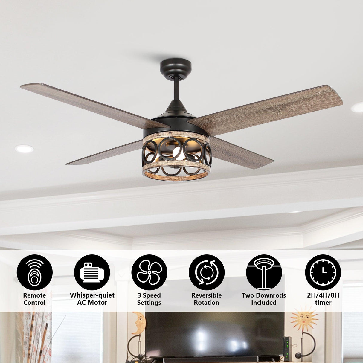 52" Kashmir Farmhouse Downrod Mount Reversible Ceiling Fan with Lighting and Remote Control