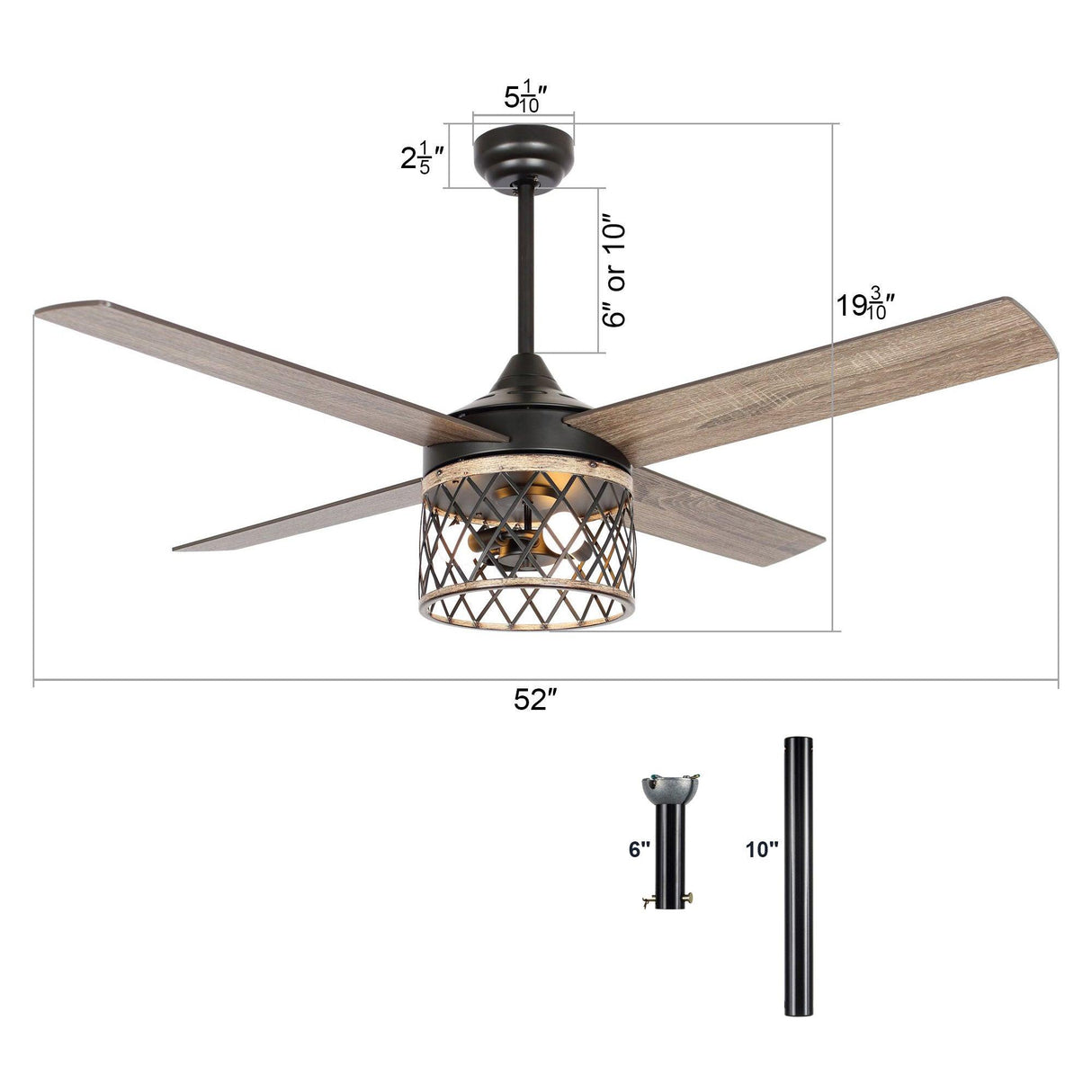 52" Mirelle Indoor Black Downrod Mounting Ceiling Fan With Light Kit And Remote