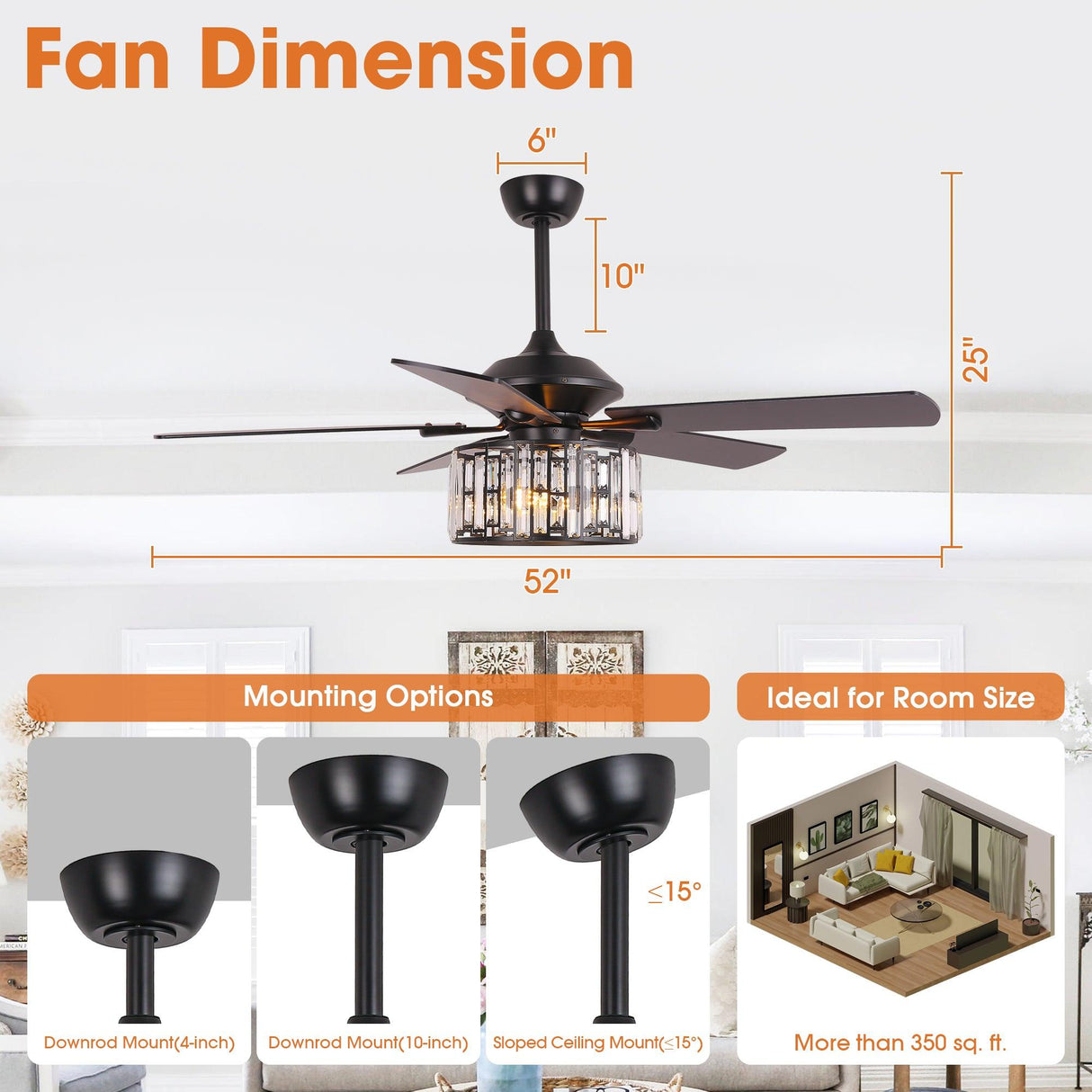 52" Dicken Modern Downrod Mount Reversible Crystal Ceiling Fan With Lighting