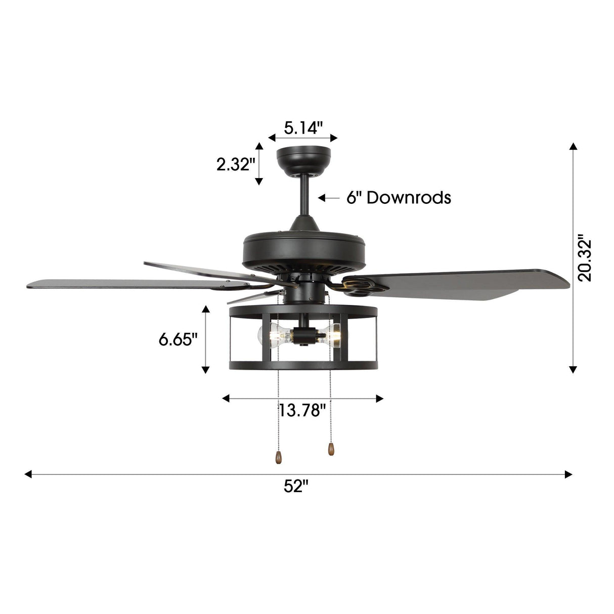 52" Urbana In Indoor Matte Black Industrial Ceiling Fan With Pull Chain And Light Kit