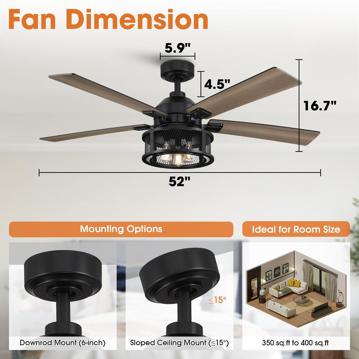 52 Industrial Reversible 5 Blade Mesh Led Ceiling Fan