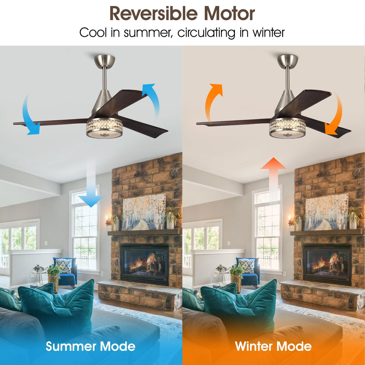52" Farmhouse Satin Nickel Downrod Mount Reversible Crystal Ceiling Fan with Lighting and Remote Control