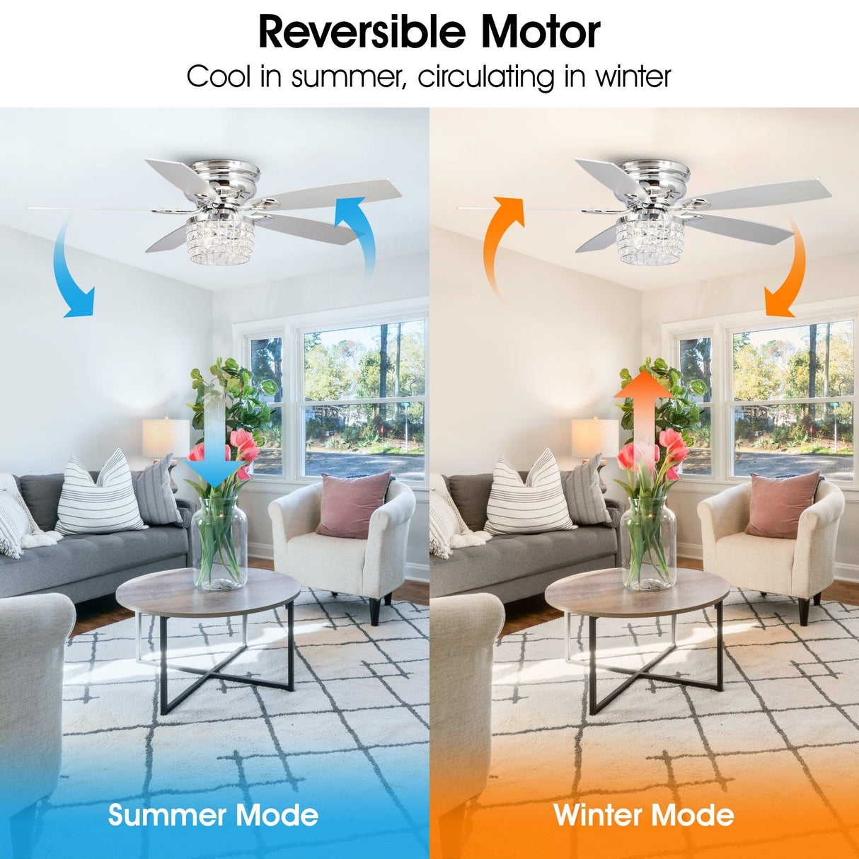 52" Panipat Modern Chrome Flush Mount Reversible Crystal Ceiling Fan with Lighting and Remote Control