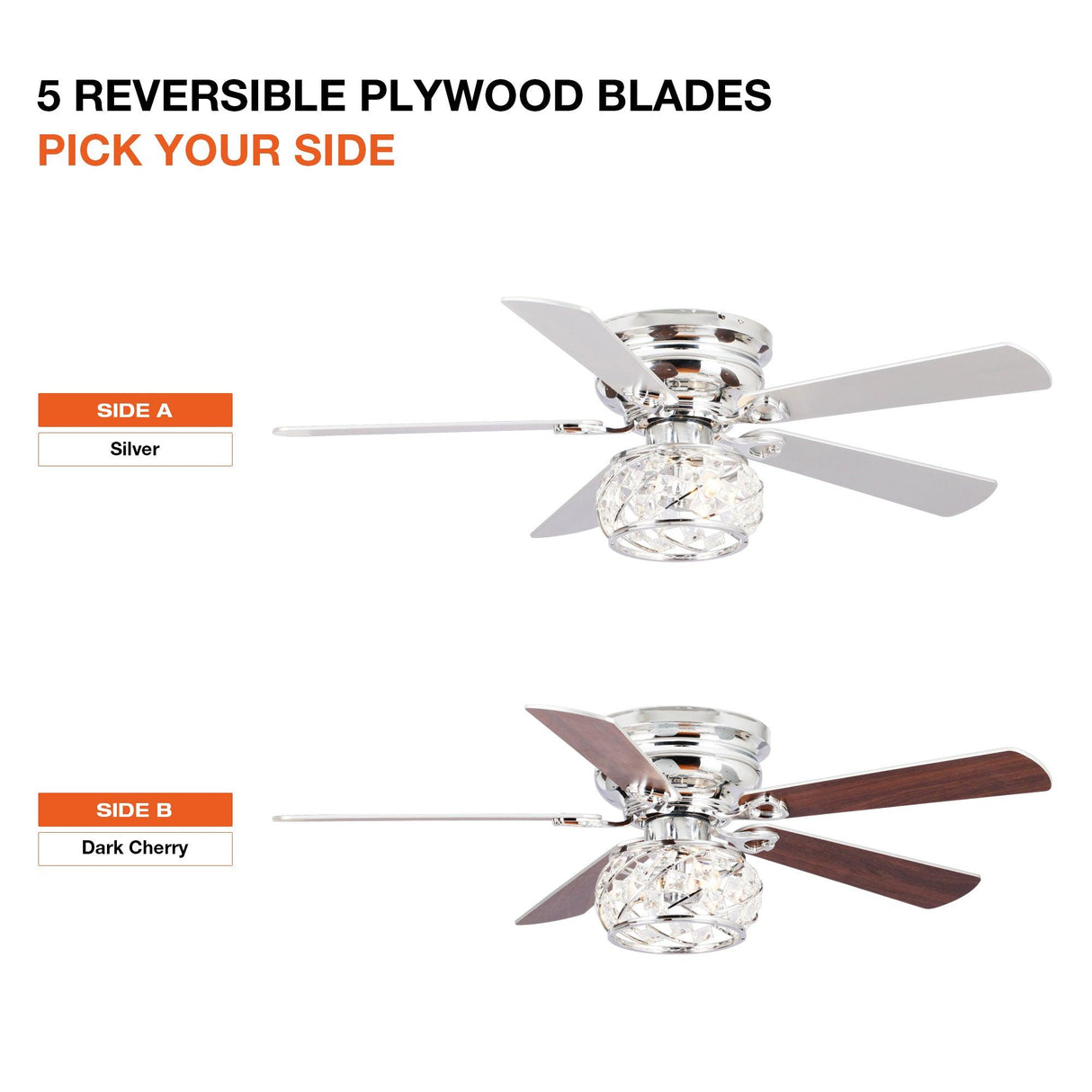 48" Modern Chrome Flush Mount Reversible Crystal Ceiling Fan with Lighting and Remote Control