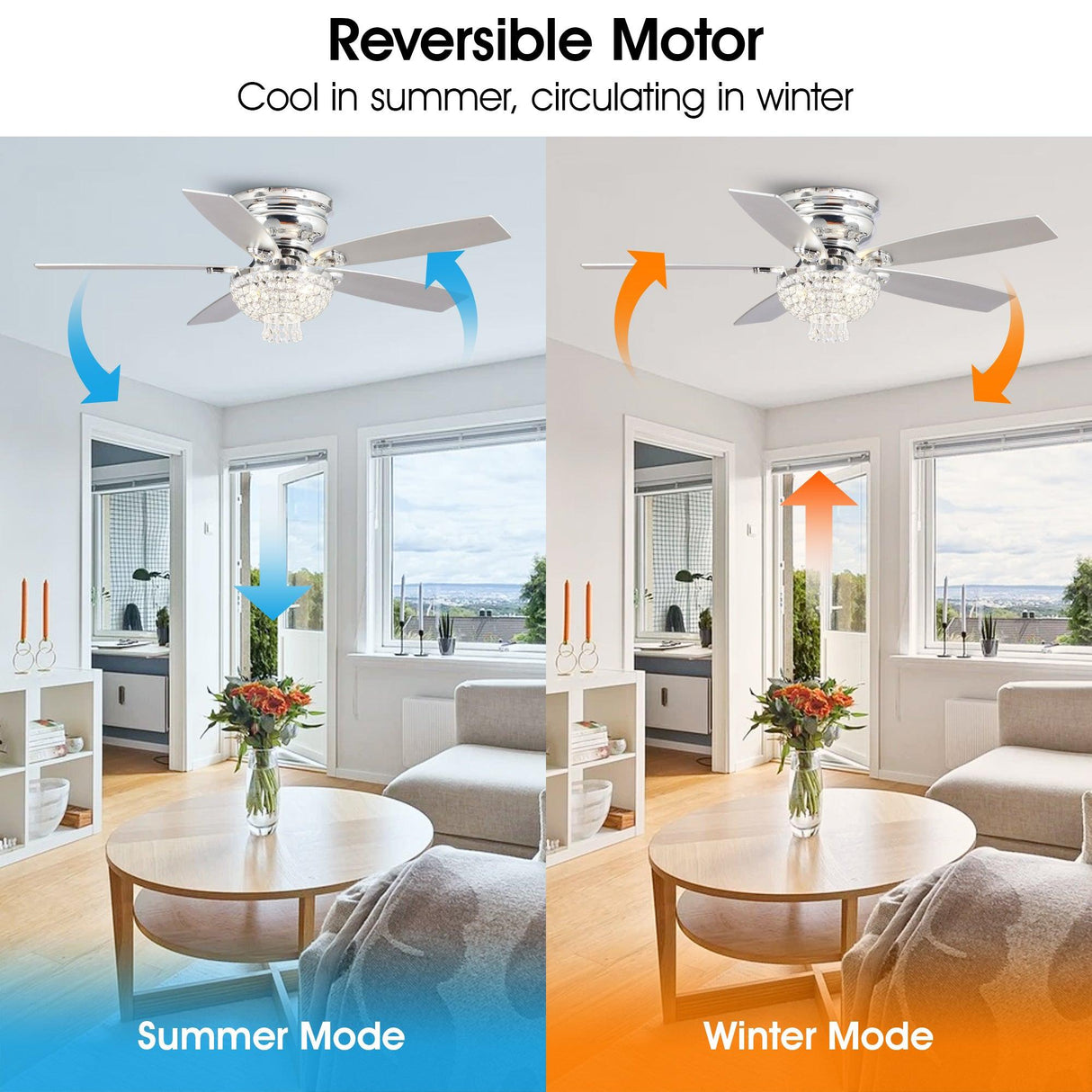 52" Modern Chrome Flush Mount Reversible Crystal Ceiling Fan With Lighting And Remote Control