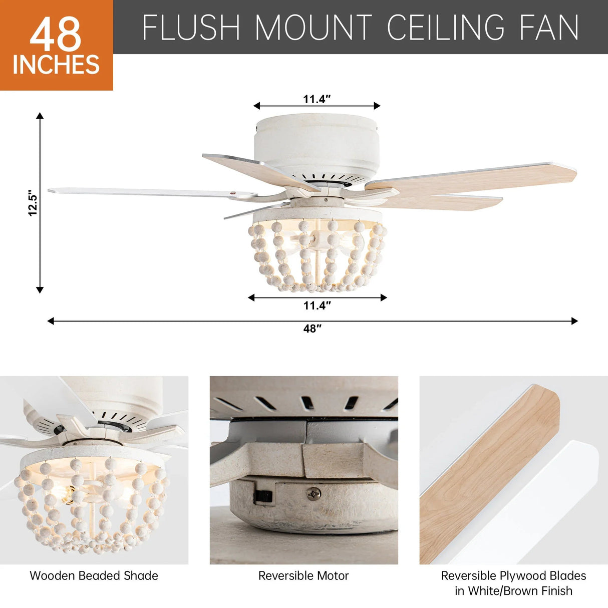 48" New Delhi Farmhouse Flush Mount Reversible Ceiling Fan with Lighting and Remote Control