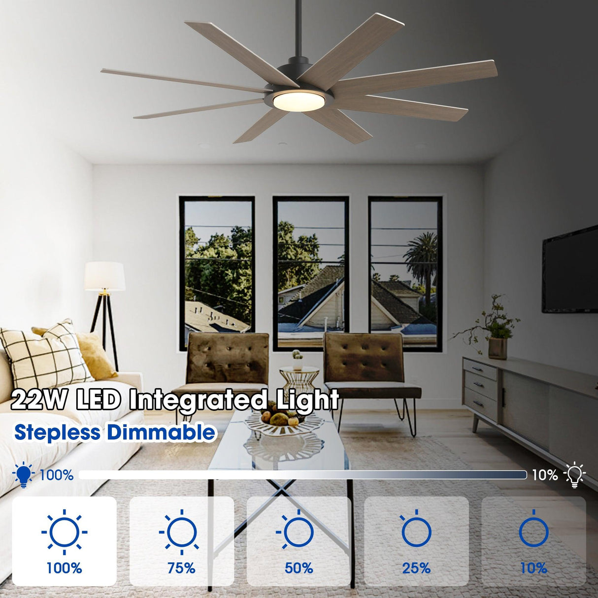 60" DC Motor 8 Blades Modern Downrod Mount Ceiling Fan with LED Light and Remote Control