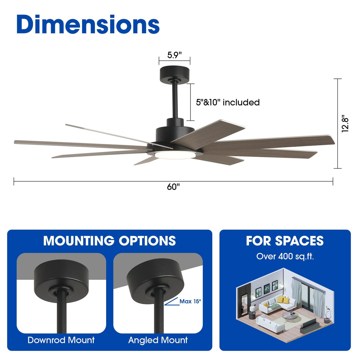 60" DC Motor 8 Blades Modern Downrod Mount Ceiling Fan with LED Light and Remote Control
