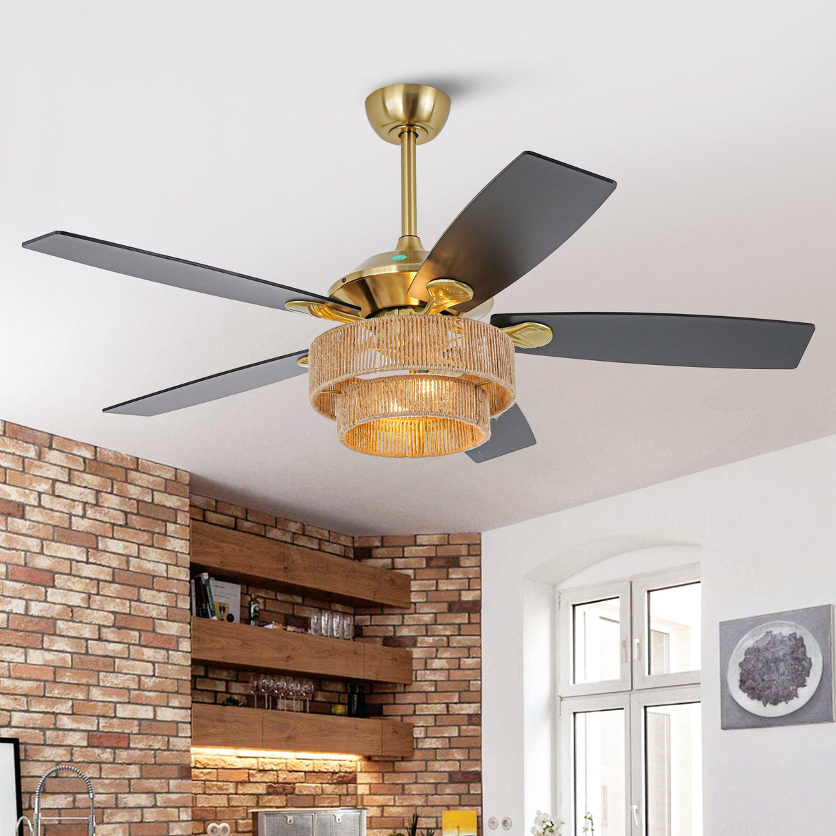 52 Inch Danube Farmhouse DC Motor Golden Downrod Ceiling Fan with Light