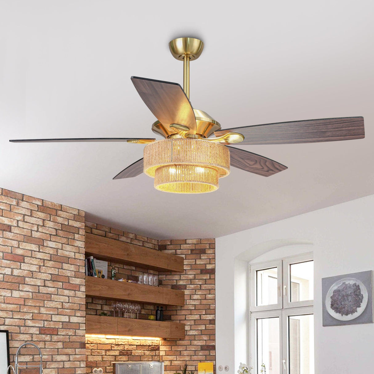 52 Inch Danube Farmhouse DC Motor Golden Downrod Ceiling Fan with Light