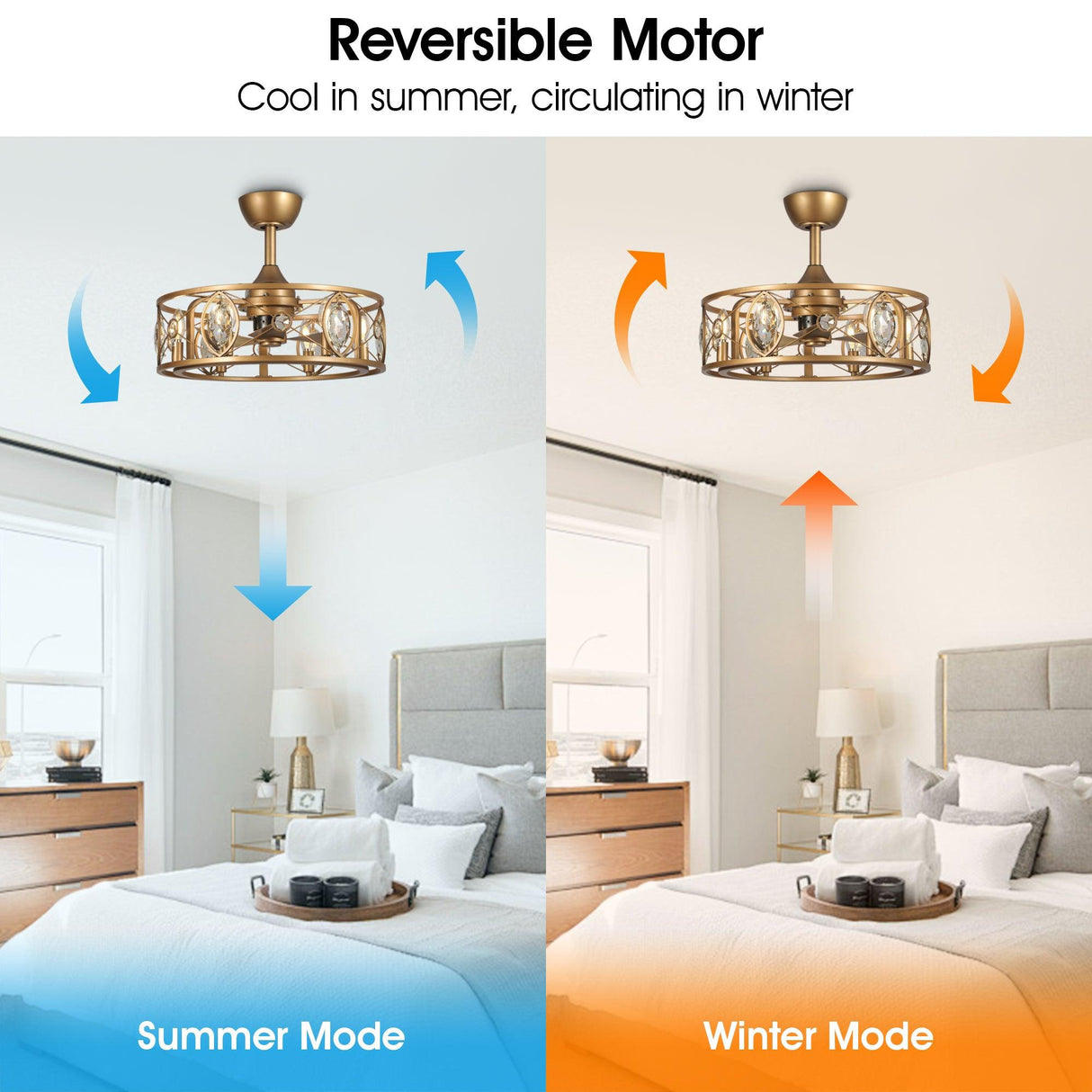 22" Kashmir Modern Glod Reversible Crystal Fandelier Ceiling Fan with Lighting and Remote Control