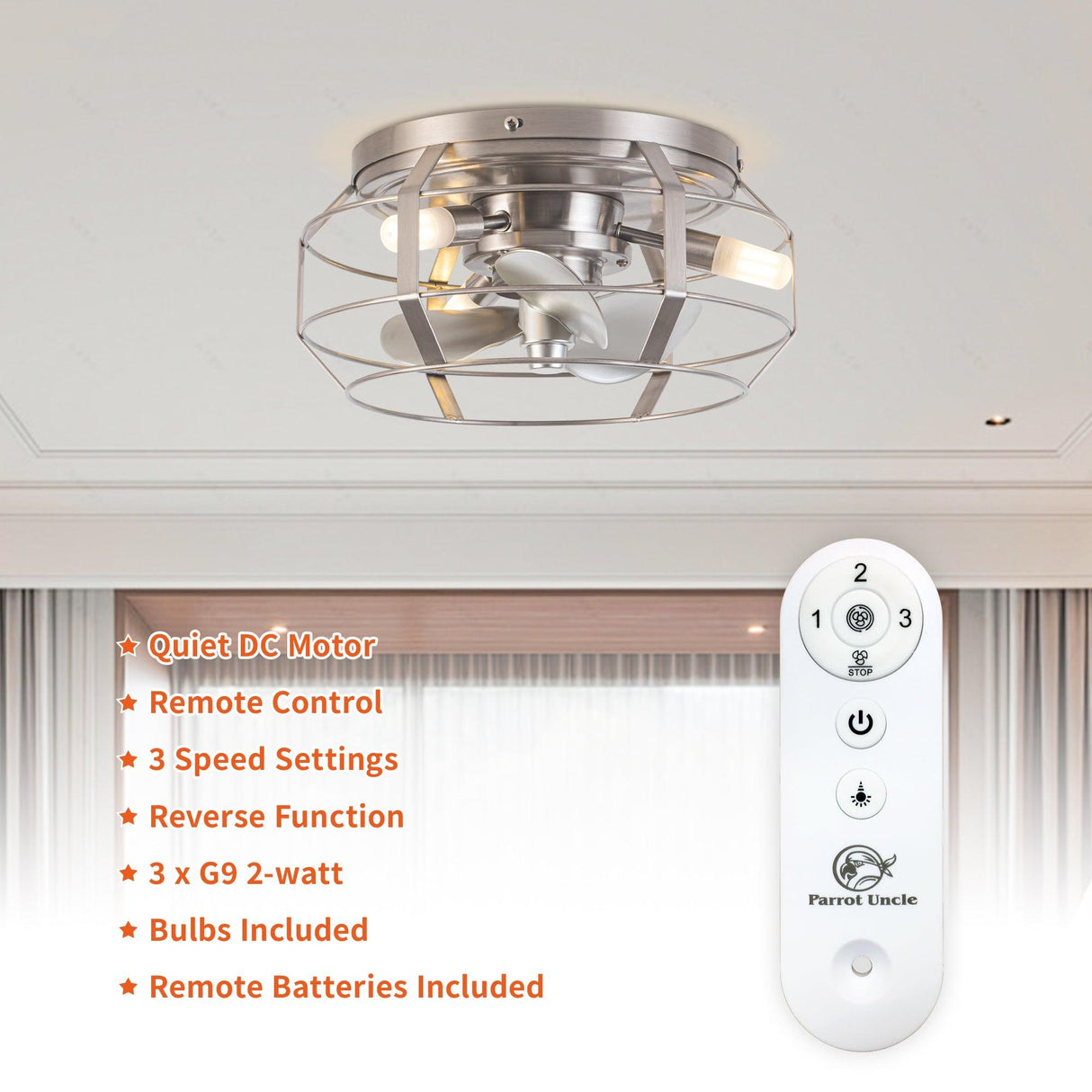 12" Flush Mount Low Profile Caged Small Ceiling Fan with Light and Remote Control