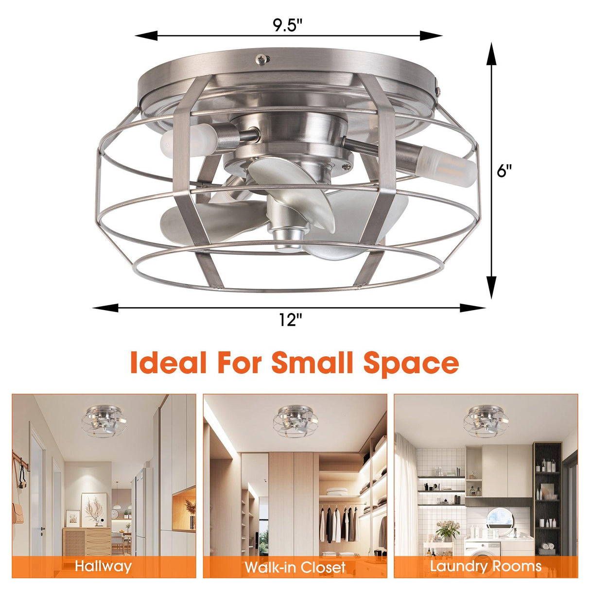 12" Flush Mount Low Profile Caged Small Ceiling Fan with Light and Remote Control