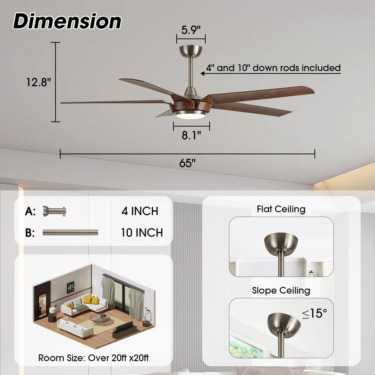 65" Fury Farmhouse DC Motor Downrod Mount Ceiling Fan with Lighting and Remote Control
