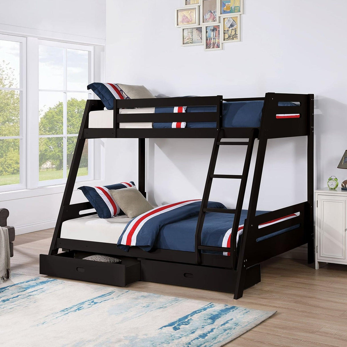 Solid Wood Twin / Full Bunk Bed with Reversible Angled Ladder and Underbed Drawers