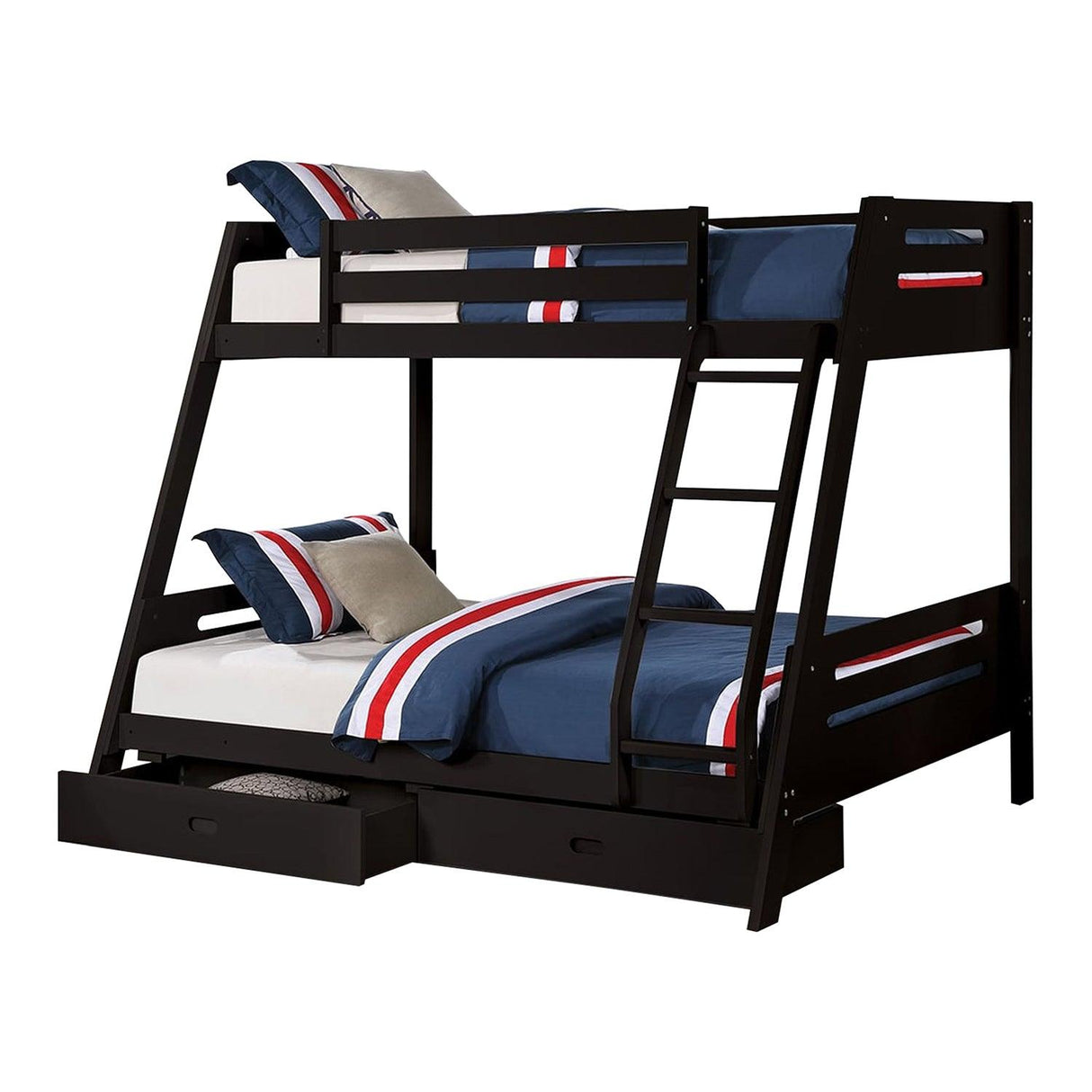 Solid Wood Twin / Full Bunk Bed with Reversible Angled Ladder and Underbed Drawers