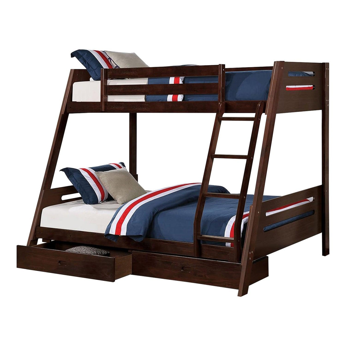 Solid Wood Twin / Full Bunk Bed with Reversible Angled Ladder and Underbed Drawers