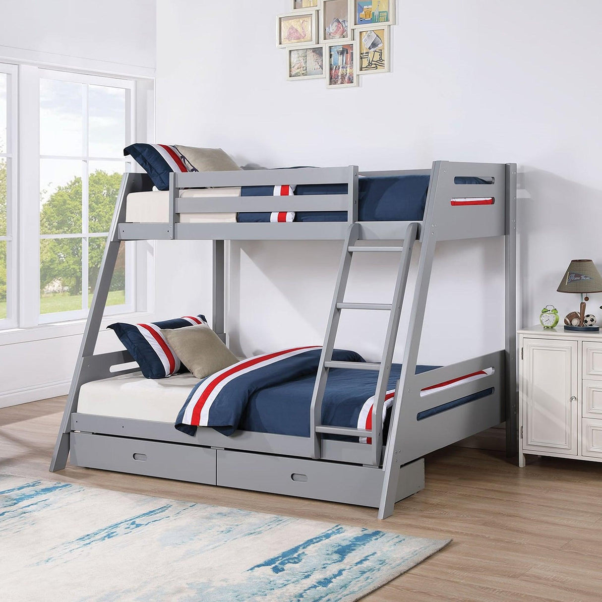 Solid Wood Twin / Full Bunk Bed with Reversible Angled Ladder and Underbed Drawers