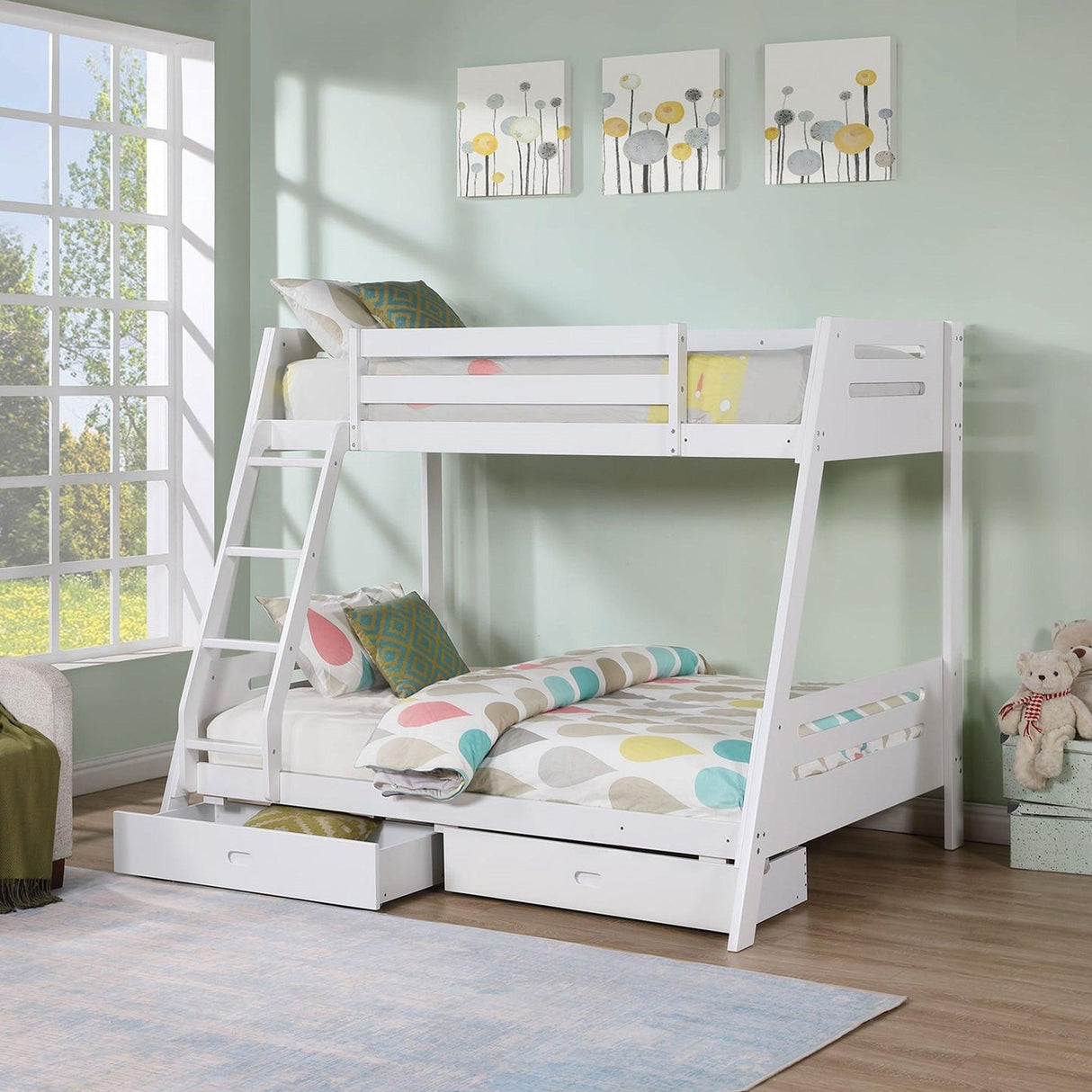Solid Wood Twin / Full Bunk Bed with Reversible Angled Ladder and Underbed Drawers