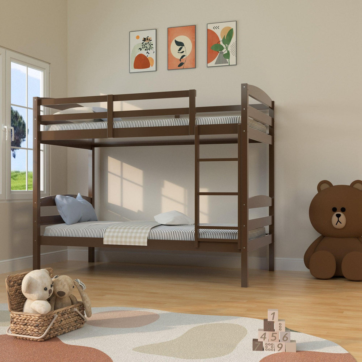 Transitional Solid Hardwood Twin over Twin Bunk Bed, Patented Insert & Lock Joint for Extra Safety for Kids