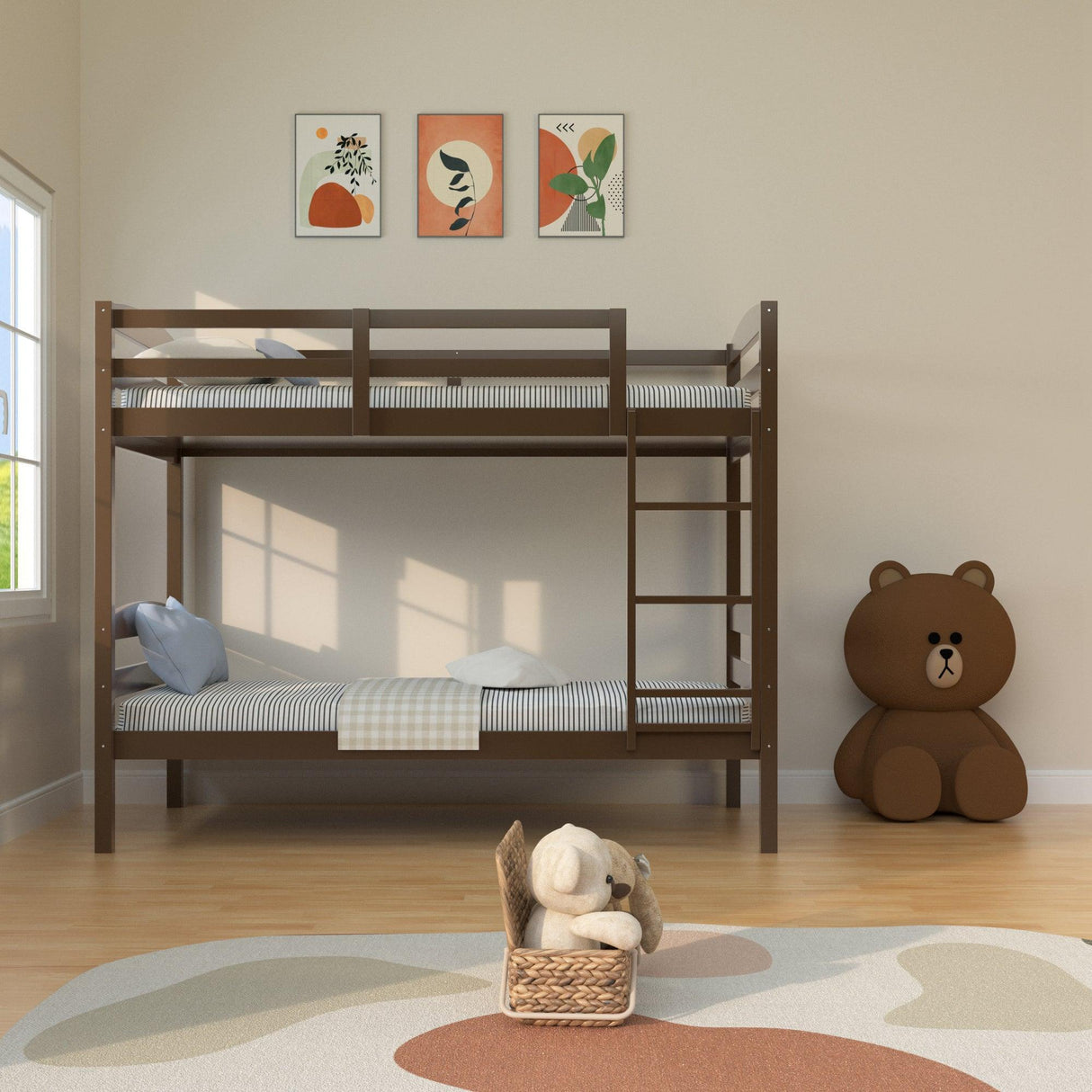 Transitional Solid Hardwood Twin over Twin Bunk Bed, Patented Insert & Lock Joint for Extra Safety for Kids