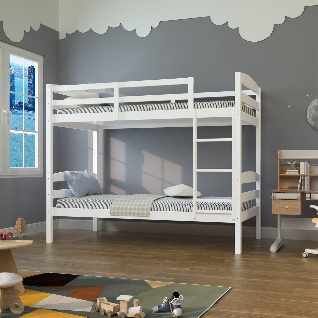 Transitional Solid Hardwood Twin over Twin Bunk Bed, Patented Insert & Lock Joint for Extra Safety for Kids