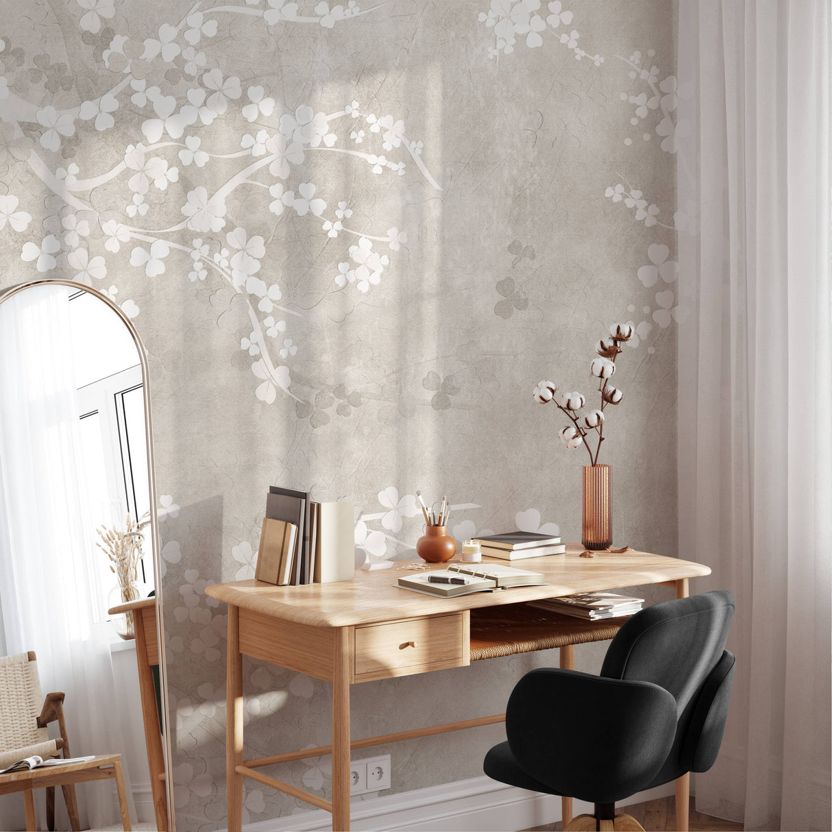 Wall Mural Soft Sakura Blossom - Neutral Floral Wallpaper
