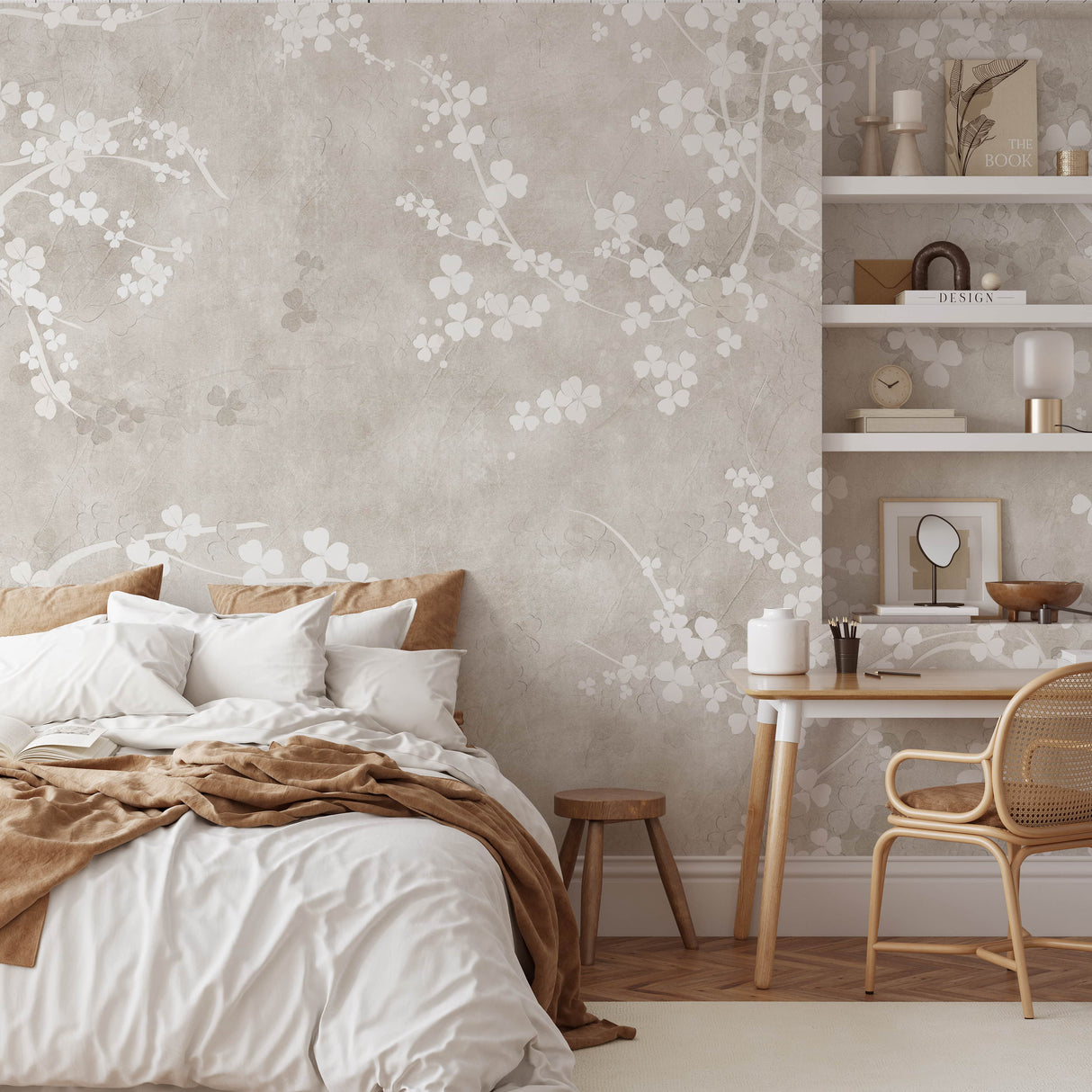 Wall Mural Soft Sakura Blossom - Neutral Floral Wallpaper