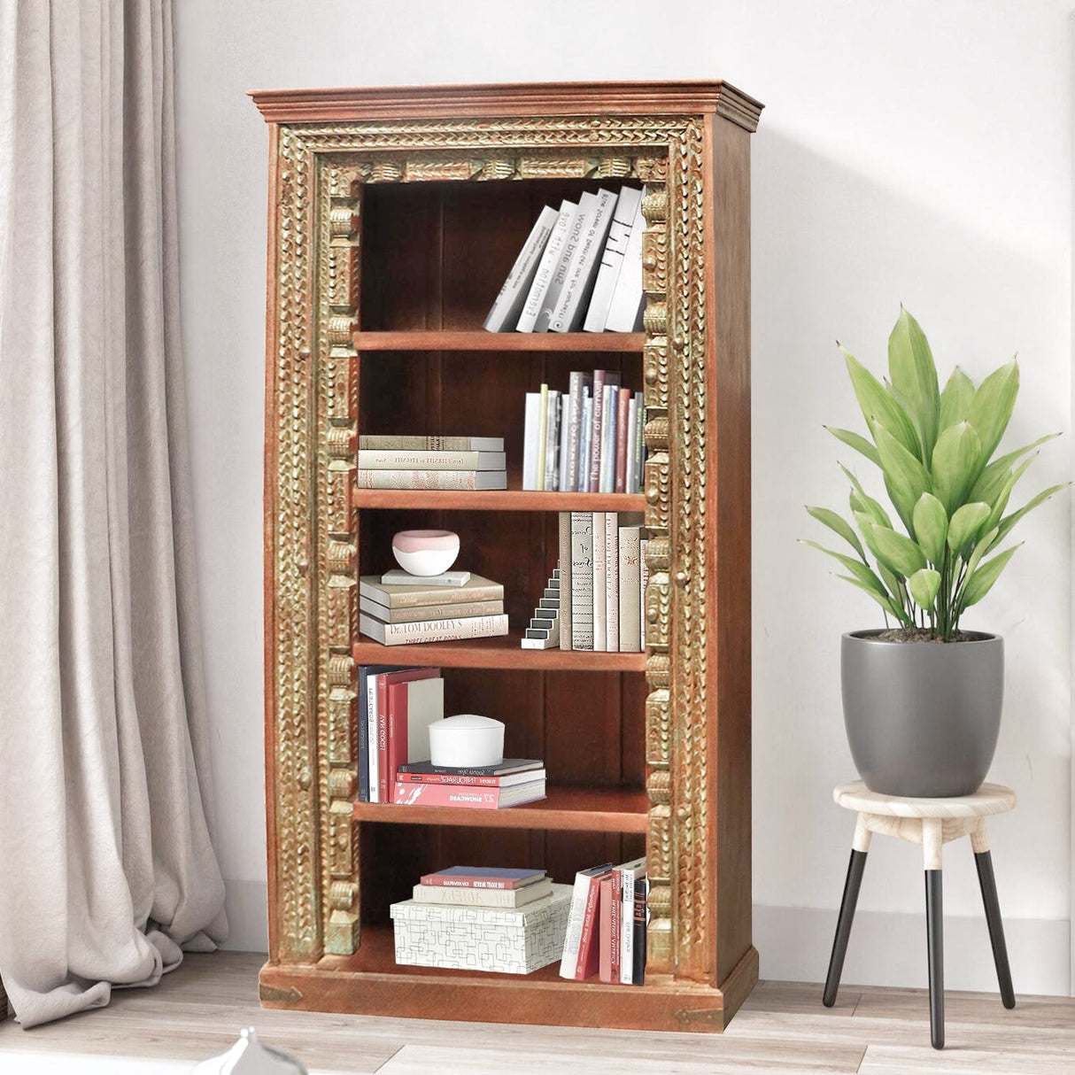 Antique Carved Doorframe Repurposed Rustic 5 Shelves Bookcase