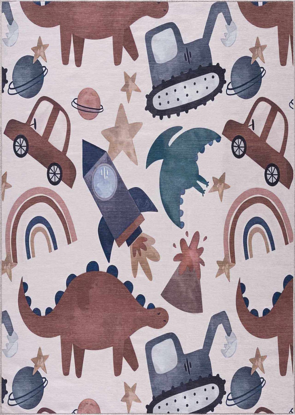 Libra Washable Kids Rug - Dinosaur rocket car rainbow