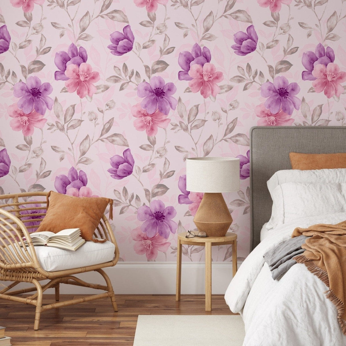 Watercolor aquarelle pink and purple floral pattern Peel and Stick Wallpaper Mural