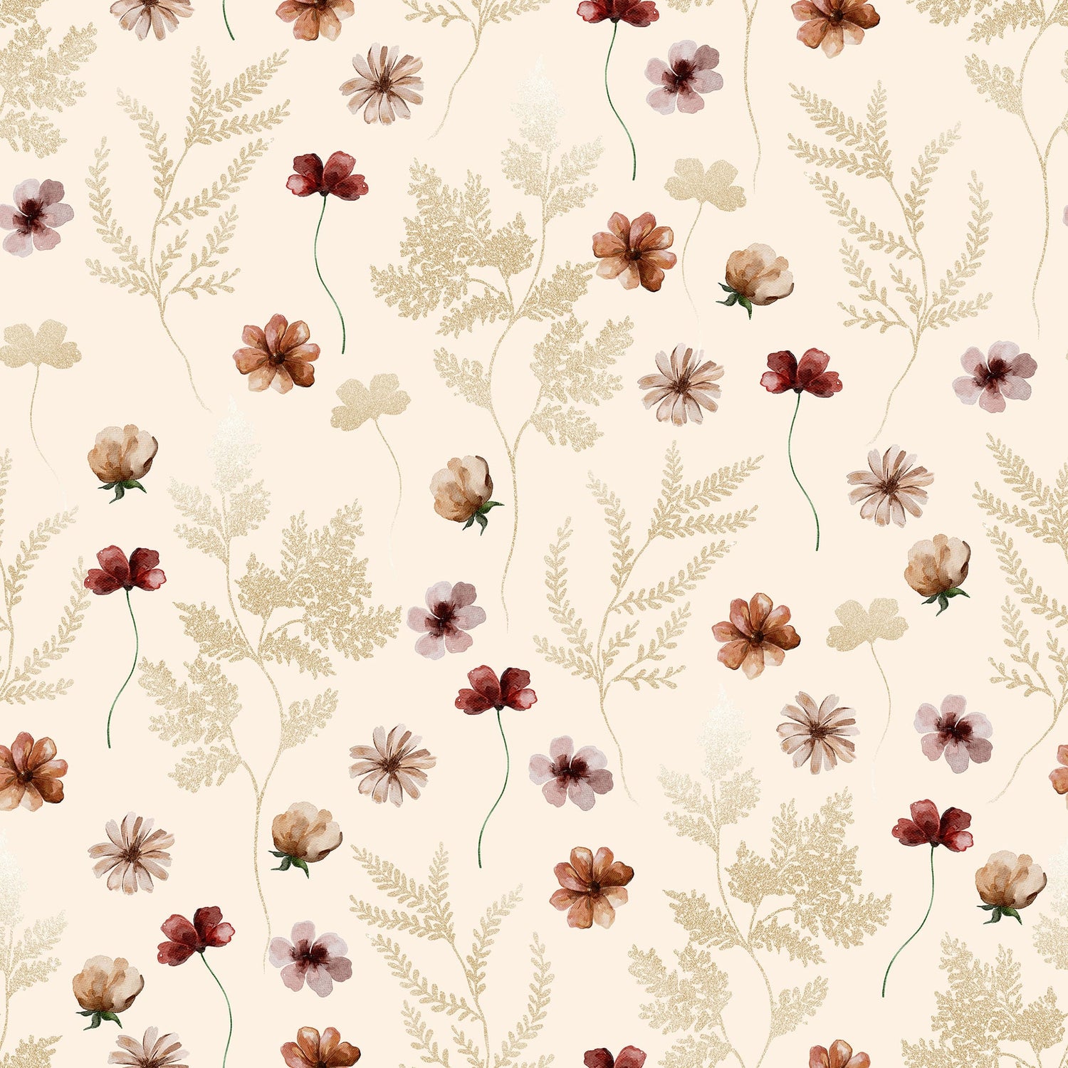 Gold Leaves and Watercolor Flowers Wallpaper
