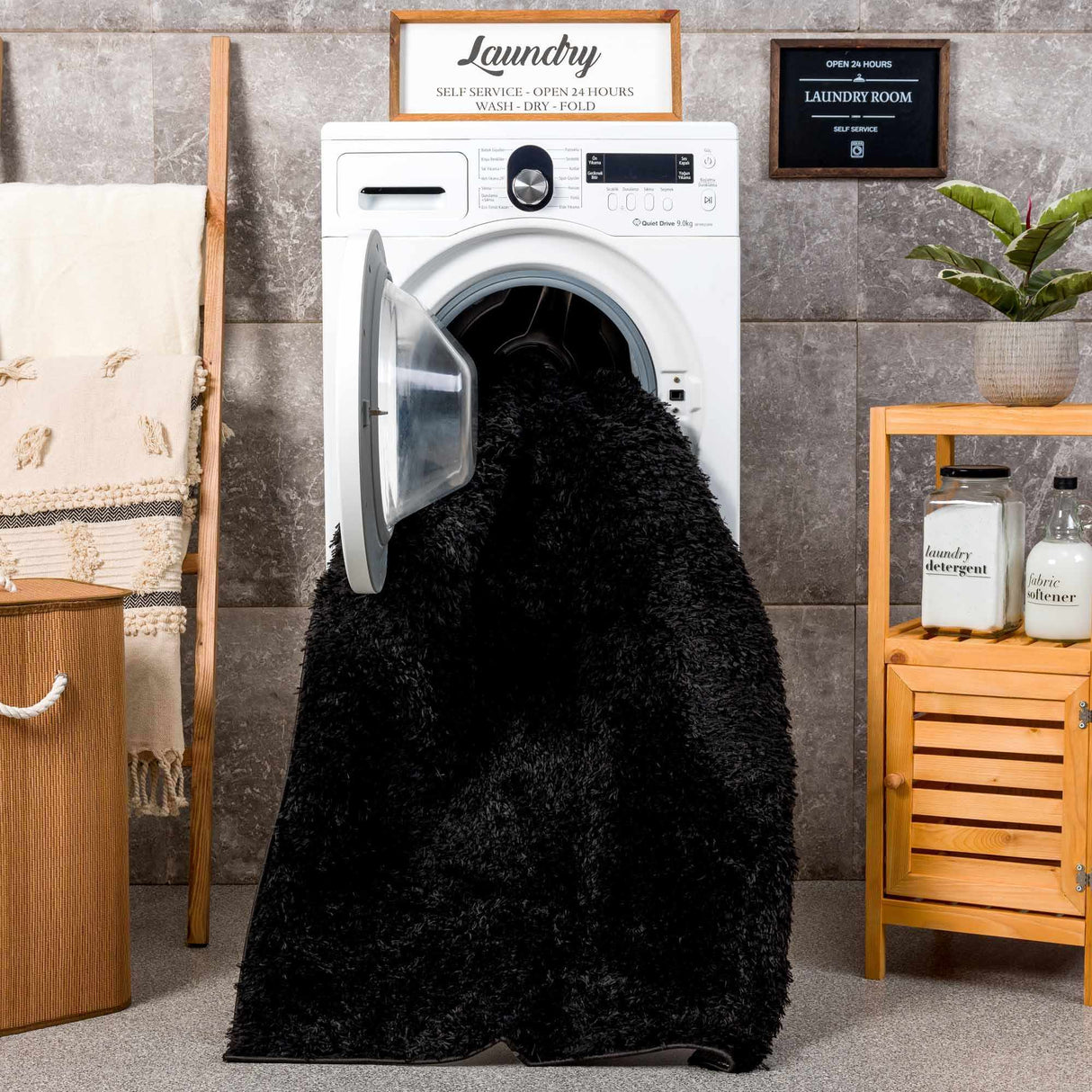 Faina Solid Black Shag Washable Area Rug - Clearance