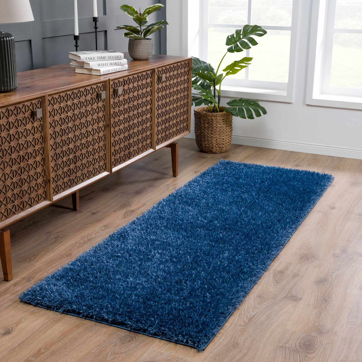 Faina Solid Dark Blue Shag Washable Area Rug - Clearance