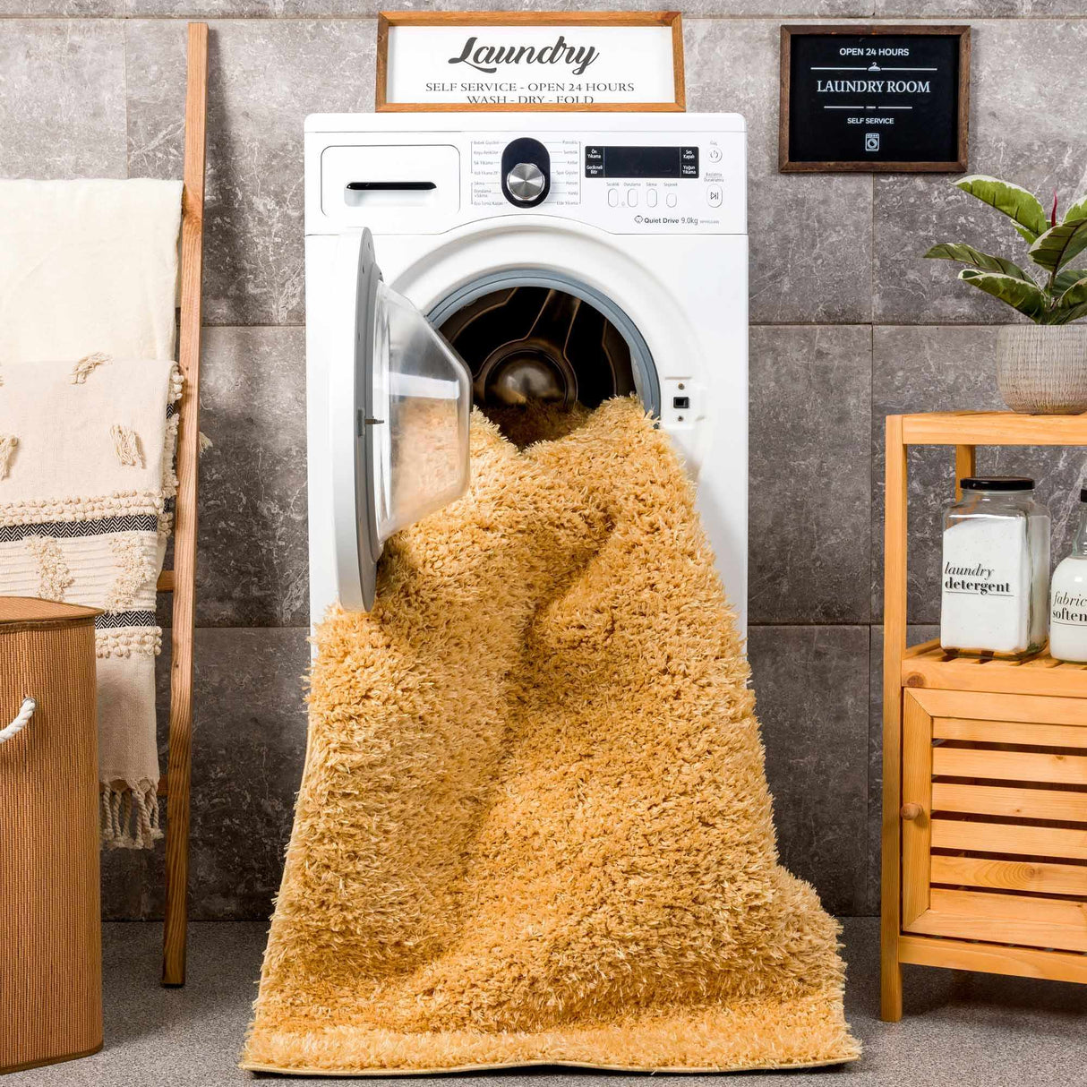 Faina Solid Gold Shag Washable Area Rug - Clearance